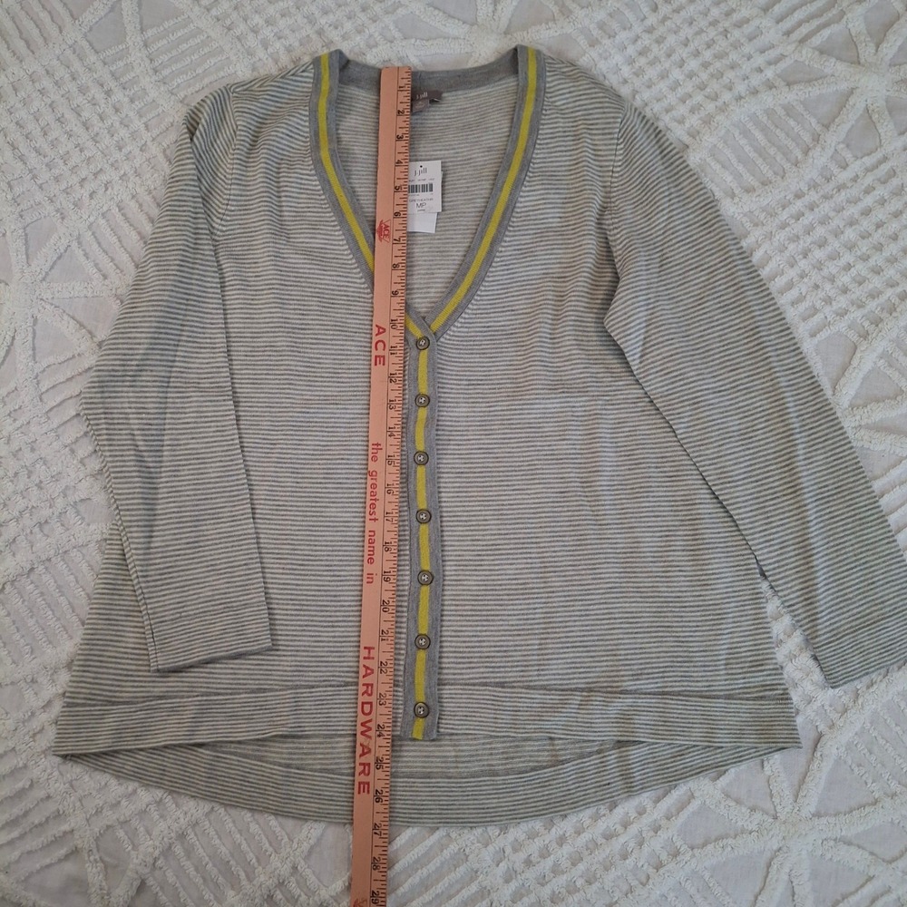 J. Jill Striped Wool Blend Cardigan Sweater Grey Yellow Trim Petite Medium NWT - Picture 2 of 9